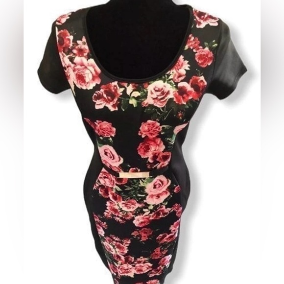 Love J. Floral Pencil Dress Juniors Medium Bodycon Black Pink Floral Roses - Picture 4 of 13